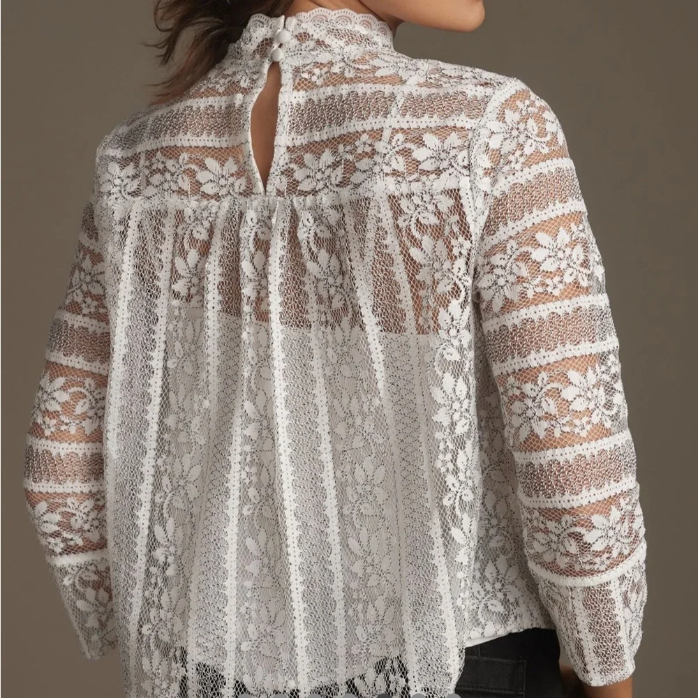 Anthropologie Mock Neck Long-Sleeve Lace Top Cream Black Sz L NEW